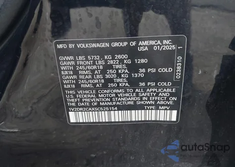 2025 Volkswagen Atlas 2.0T Se из США, поврежденный, VIN 1V2DR2CAXSC525154